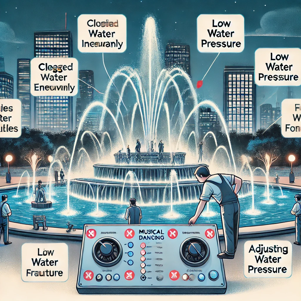 Common Faults and Solutions of the Musical Dancing Fountain As a waterscape facility integrating water, light and music, the musical fountain is widely used in public places such as city squares and parks. However, due to its complex mechanical and electronic systems, some faults may occur during use. Himalaya Fountain Company will introduce several common musical fountain faults and their solutions in detail to help maintenance personnel better perform maintenance and repairs. 1. The fountain does not produce water Cause of failure Water pump failure: The water pump is the core component of the musical fountain. If the water pump is damaged or works abnormally, the fountain will not be able to produce water. Water pipe blockage: Long-term use of the water pipe may be blocked by impurities, algae, etc., resulting in poor water flow. Insufficient water level: If the water level in the fountain pool is lower than the set value, the fountain will also be unable to produce water. Solution Check the water pump: Check the working status of the water pump regularly, and replace or repair it in time if abnormalities are found. Clean the water pipe: Clean the fountain water pipe regularly to ensure smooth water flow. Monitor the water level: Ensure that the water level in the fountain pool is within the normal range and replenish water when necessary. 2. The fountain water column is uneven Cause of failure Nozzle blockage: The nozzle is blocked by debris, resulting in uneven water column. Unstable water pressure: The unstable water supply pressure of the water pump can also cause uneven water column. Solution Cleaning the nozzle: Clean the nozzle regularly to prevent debris from blocking. Adjust the water pressure: Check and adjust the water supply pressure of the water pump to ensure stable water pressure. 3. The music and fountain are not synchronized Cause of failure Control system failure: The control system fails, resulting in the inability of music and fountain to synchronize. Signal transmission problem: The signal transmission line fails or interferes, affecting the synchronization effect. Solution Repair the control system: Check the hardware and software of the control system, and repair or replace it in time if the fault is found. Check the signal transmission line: Ensure that the signal transmission line is intact, and replace or add anti-interference equipment if necessary. 4. The fountain light is not on or flickering Cause of failure Lamp damage: The lamp expires or is damaged, resulting in the light not on. Line failure: The wire is aged or damaged, resulting in the light not on or flickering. Solution Replace lamps: Regularly check and replace aging or damaged fountain lights. Inspection circuit: Check the integrity of the wires and replace them in time if any problems are found. 5. Abnormal sound of fountain Cause of fault Abnormal water pump: Abnormal sound is generated during the operation of the water pump, which may be caused by wear or damage of internal parts. Pipeline resonance: When water flows through the pipe, it causes resonance and noise. Solution Maintain the water pump: Regularly maintain and inspect the water pump, and replace worn or damaged parts in time. Add shock-absorbing equipment: Add shock-absorbing equipment to the pipeline to reduce resonance and noise. The normal operation of the dancing water fountain requires regular inspection and maintenance. Timely detection and resolution of faults can effectively extend the service life of the fountain and improve its viewing effect. Through the common faults and solutions introduced by Himalaya Music Fountain factory, it is believed that it can help maintenance personnel better perform daily maintenance and management of the music fountain.