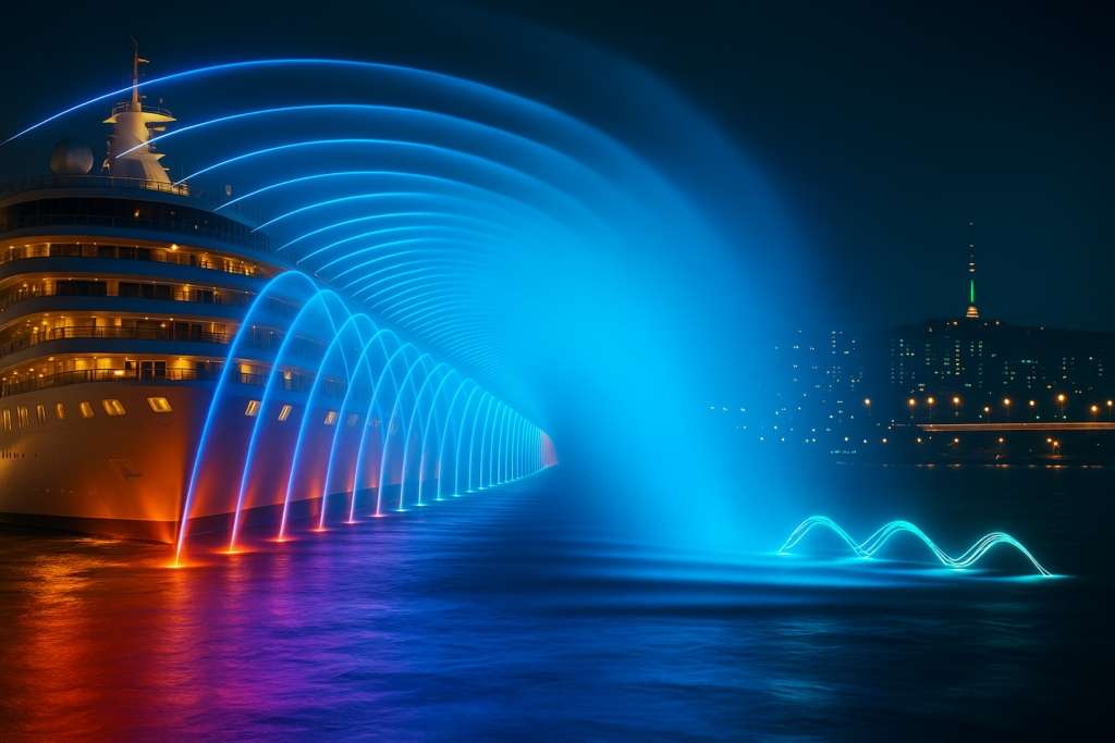 نجحت نافورة الموسيقى في هيمالايا في تأمين مشروع النافورة الرقمية في رحلة بحرية في قبرص 1 Digital fountain installation on luxury cruise ship in Cyprus by Himalaya Music Fountain